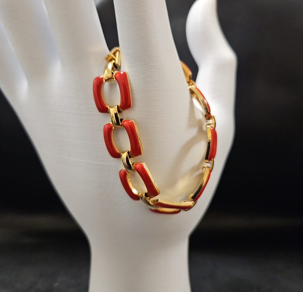 Gold & Red Enamel Link Bracelet - Women Jewelry